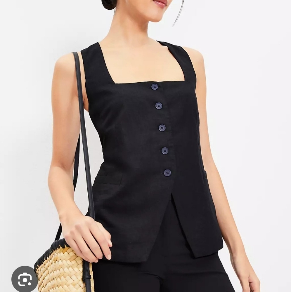 LOFT Women's Black Linen Vest - Size LP